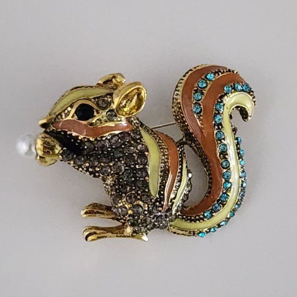 Squirrel Brooch Enameled Rhinestone Faux Pearl Bushy Tail
